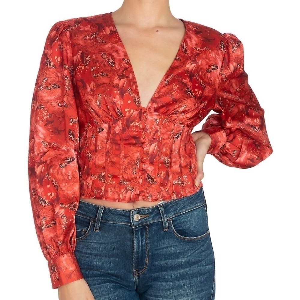 New Guess Milkmaid Top Button Front Floral Top Size XL Red Satin Blouse
